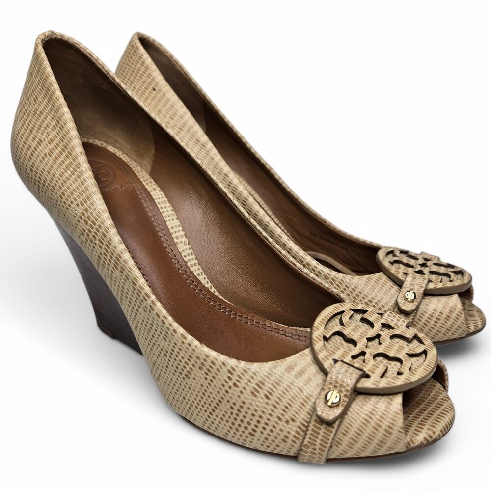 Tory Burch Amanda Wedge Heels Women's Lizard Skin Pattern Open Toe Coin Top 8.5